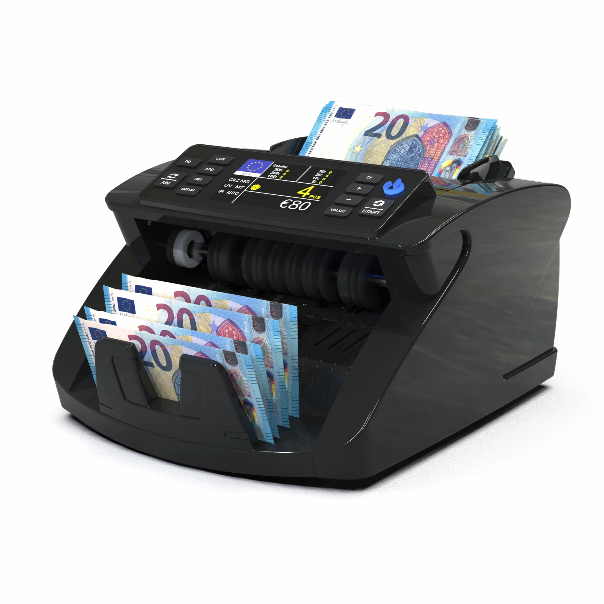 Detectalia V10 Contadora de Billetes Clasificados con Detección UV/MG/IR/MT/DD, 1000 Bill/Min, Pantalla TFT 3.5” + Pantalla Externa, Valor Total, Lote y Suma, EUR-GBP-USD-CHF-SEK-DKK-PLN-TRL-AED-SAR