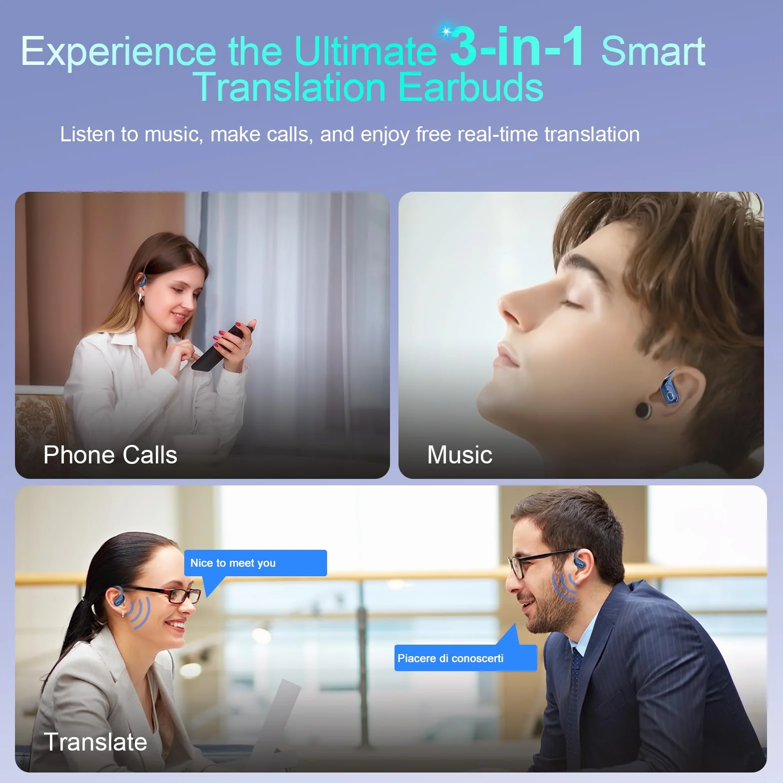 AI Auriculares Traductor, 164 Idiomas y 6 Modos de Traducción, Bluetooth 5.4 con ENC y App con para Viajes/Negocios/Aprendizaje/Reunirse Azul