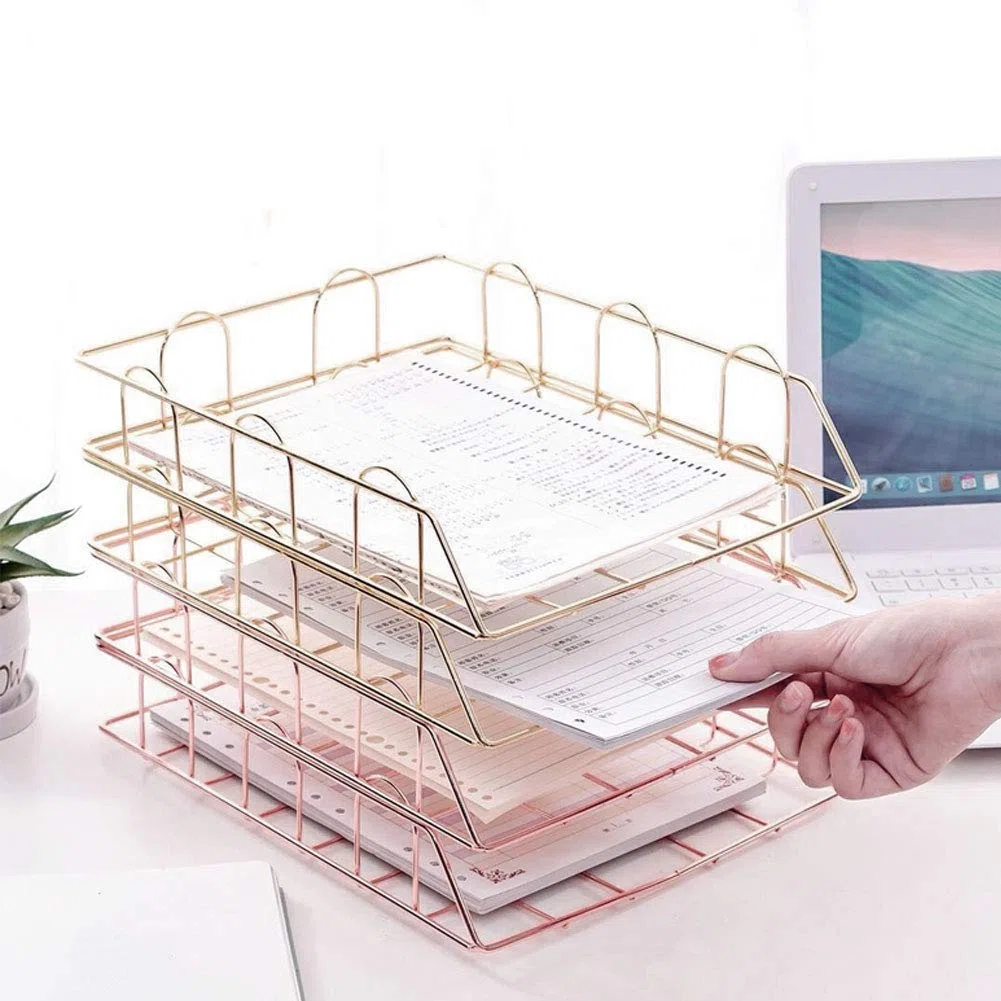 NANANA Bandeja de Archivos Apilables, Organizador de Archivos de Escritorio de 4 Niveles, Bandeja de Almacenamiento para Organizador de Escritorio Suministros(1 Juego/4 Piezas),Rose Gold