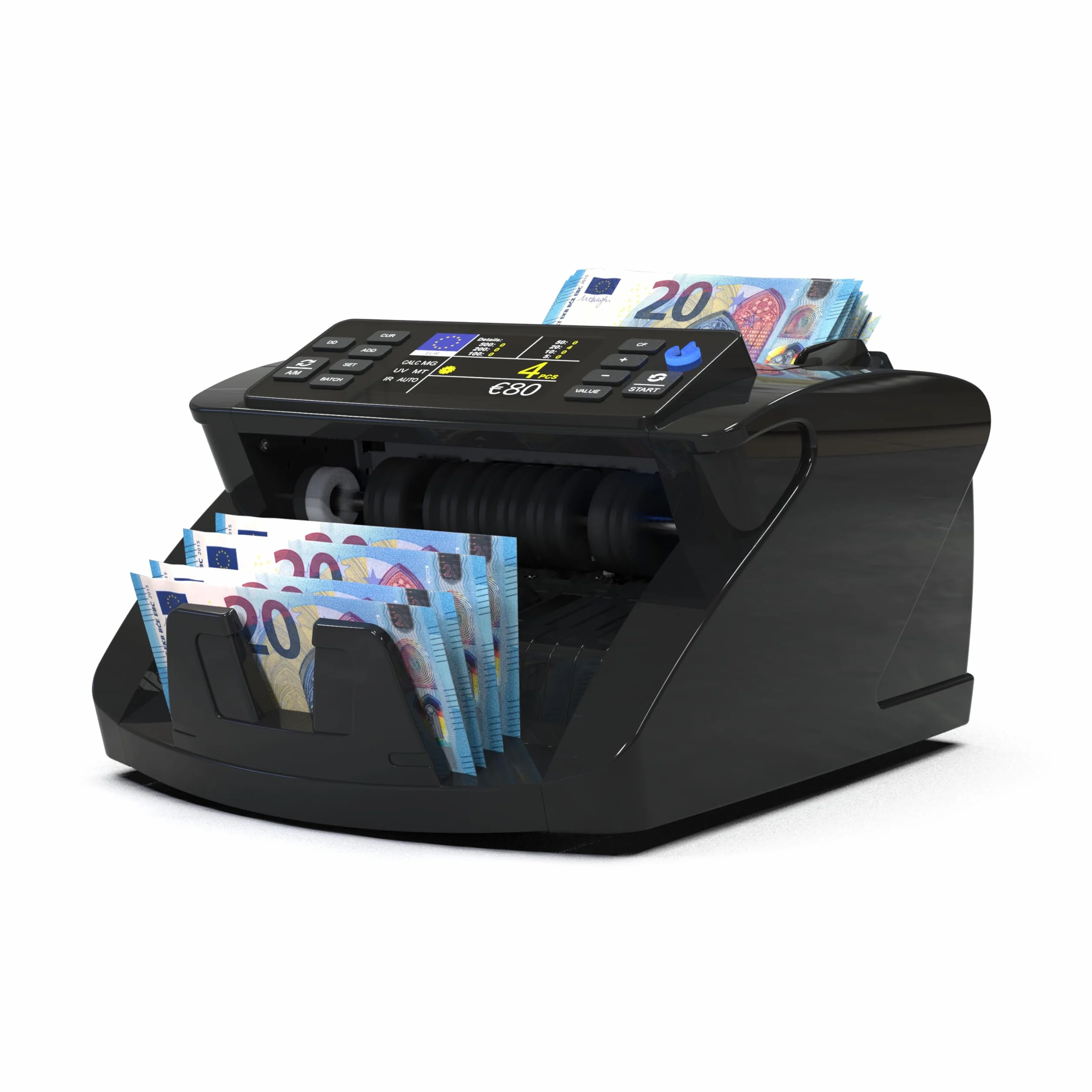 Detectalia V10 Contadora de Billetes Clasificados con Detección UV/MG/IR/MT/DD, 1000 Bill/Min, Pantalla TFT 3.5” + Pantalla Externa, Valor Total, Lote y Suma, EUR-GBP-USD-CHF-SEK-DKK-PLN-TRL-AED-SAR