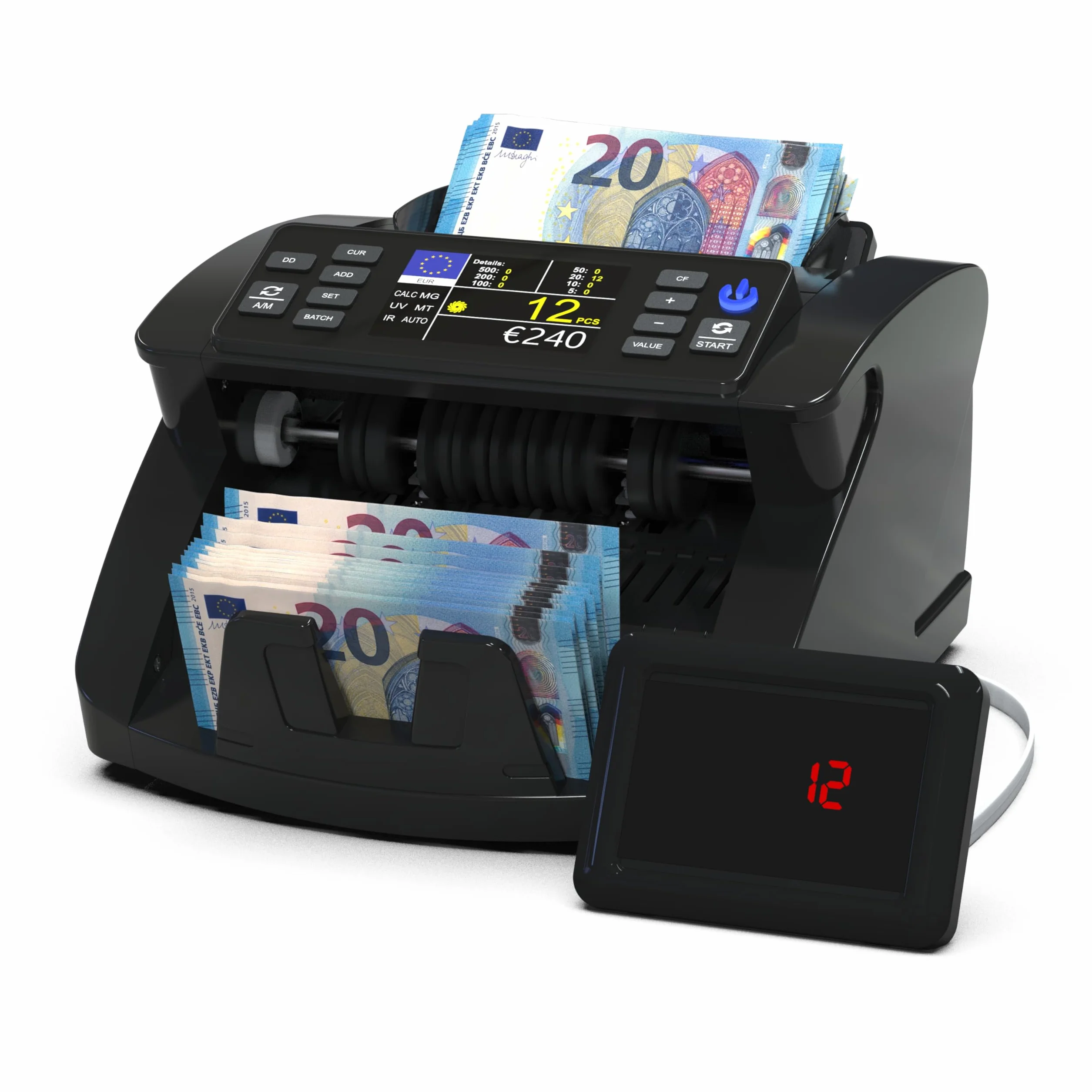 Detectalia V10 Contadora de Billetes Clasificados con Detección UV/MG/IR/MT/DD, 1000 Bill/Min, Pantalla TFT 3.5” + Pantalla Externa, Valor Total, Lote y Suma, EUR-GBP-USD-CHF-SEK-DKK-PLN-TRL-AED-SAR