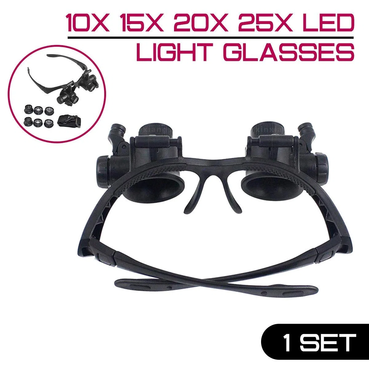 Lupa de reparación montada en la Cabeza 10X 15X 20X 25X Gafas con luz LED Lupa Diadema Joyería Relojero Lente óptica Lupa de Vidrio Lupa Lectura/Observación/Reparación Iluminación de reparación