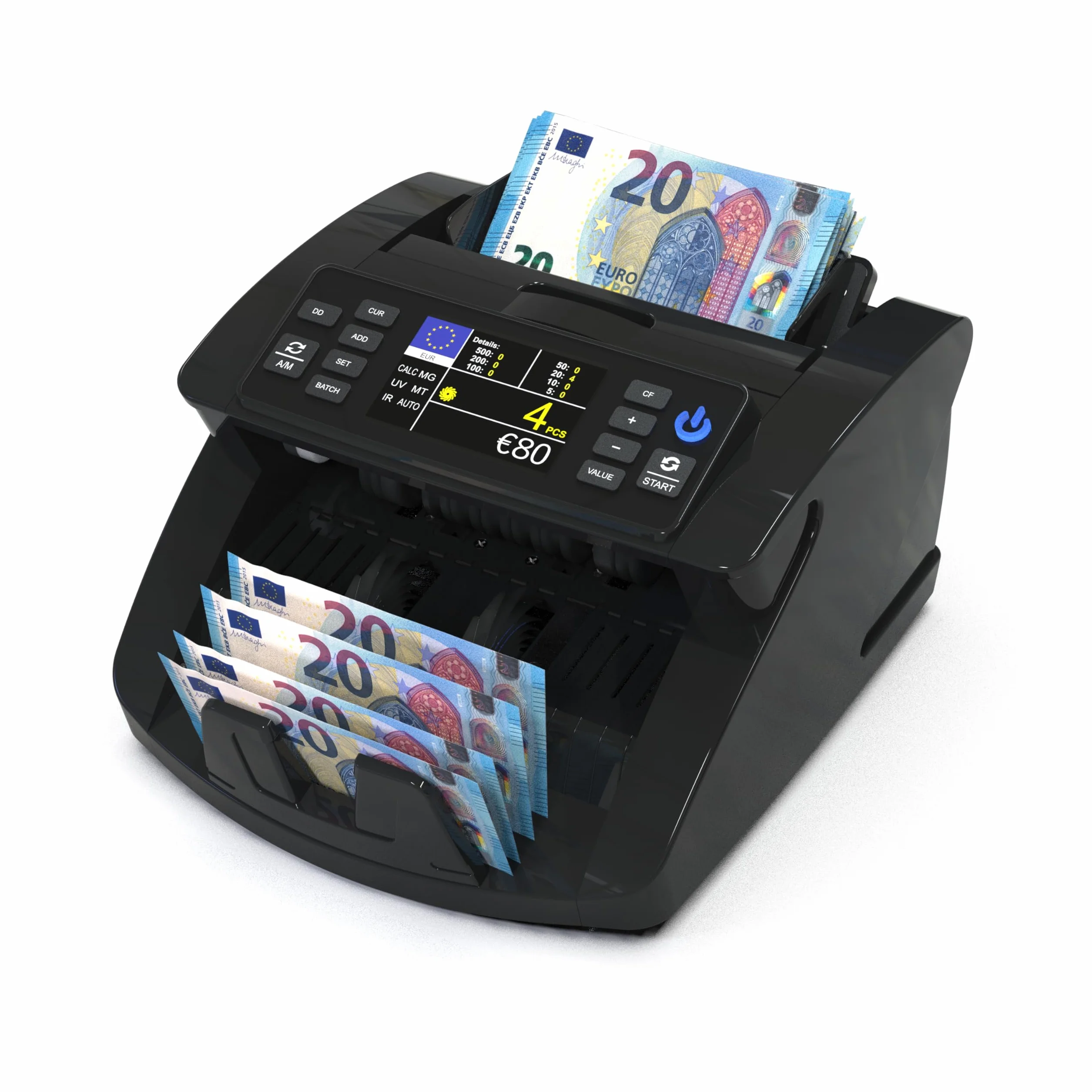 Detectalia V10 Contadora de Billetes Clasificados con Detección UV/MG/IR/MT/DD, 1000 Bill/Min, Pantalla TFT 3.5” + Pantalla Externa, Valor Total, Lote y Suma, EUR-GBP-USD-CHF-SEK-DKK-PLN-TRL-AED-SAR