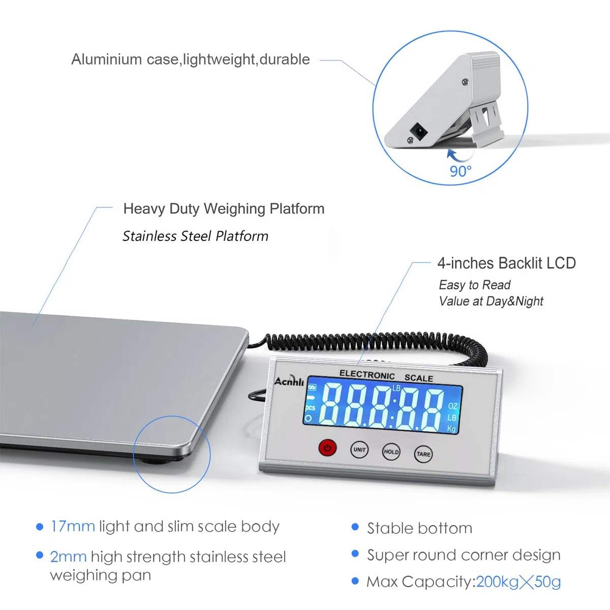 Báscula de envío digital de 440 libras, báscula postal de acero inoxidable resistente para almacenes, hogares, oficinas y empresas de mensajería, incluyendo manuales del producto y adaptadores