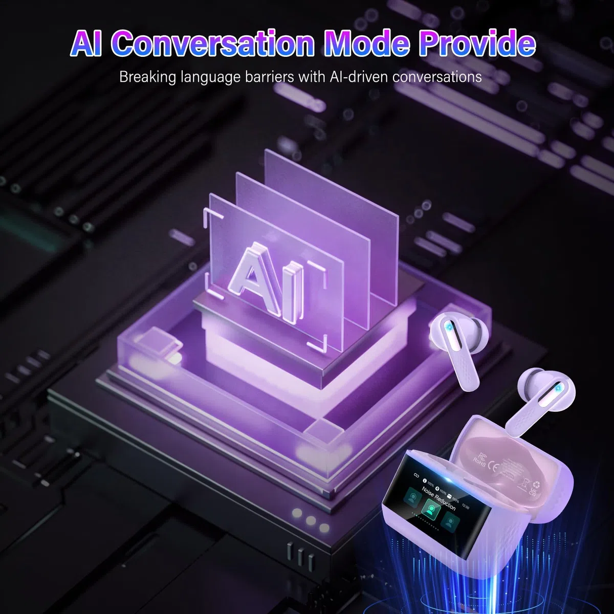 AI Auriculares Traductor en Tiempo Real con Pantalla Táctil LED, 3 en 1 Auriculares Traductores de Idiomas, 6 Modos Traducción con 164 Idiomas, Reducción de Ruido ANC+ENC, 5 Modos EQ, 48H, Púrpura